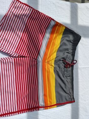 George Men's Red Striped Swim Board Shorts with Orange and Yellow Panels